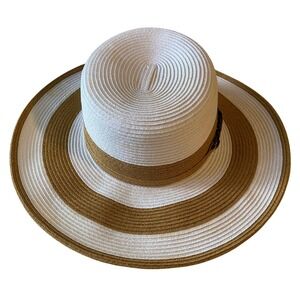 HBY Miami Sun Hat Womens OS White Tan Striped Paper Straw Beach Coastal Nautical